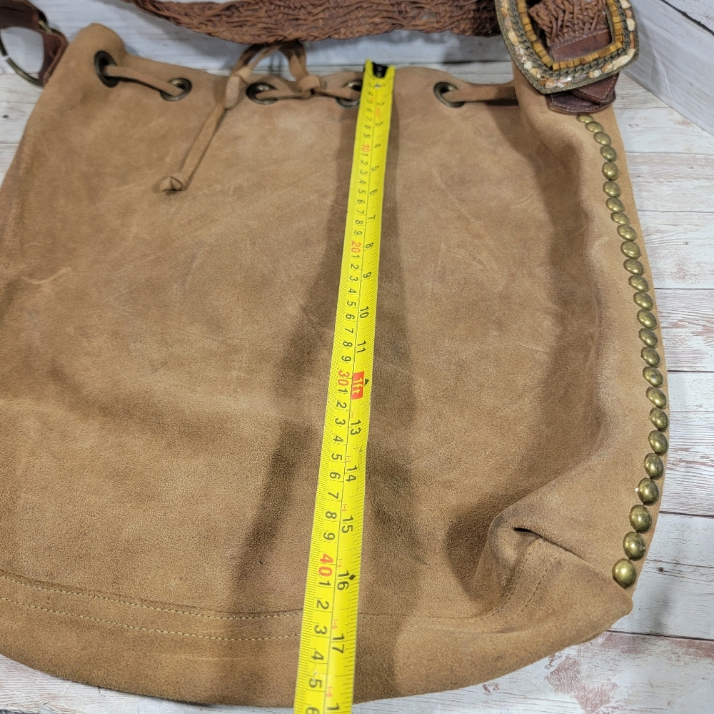 Leatherock Large  Studded Suede Bucket Hobo Handbag With Braided Strap - Picture 2 of 13